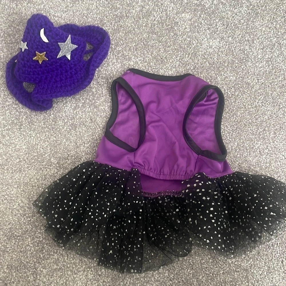 Yorkie Halloween costumes mommy’s lil witch dog purple crotchet hat Small dress